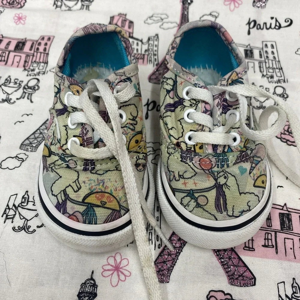 Vans Llama Party Canvas Sneakers White Lace Up Low Top Shoes Toddler Size 4